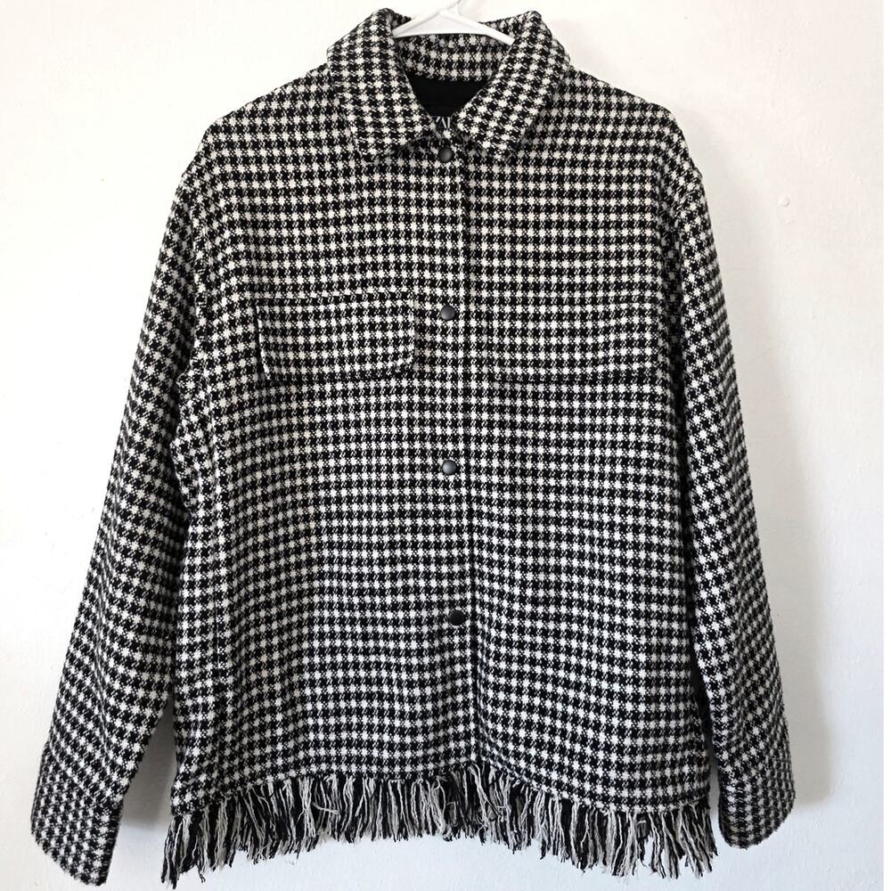 Zara Houndstooth Fringed Overshirt Barn Jacket Oversized Tweed Shacket 4391/737 - Picture 4 of 15
